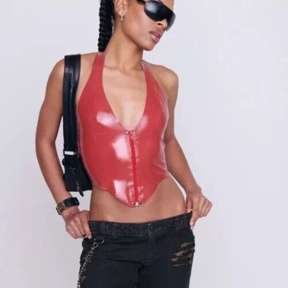 Miaou Red Vinyl Halter Zip-Front Camisole